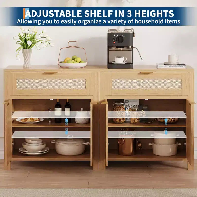 COZONY 34 Madia con Cassetti, Ripiani Regolabili e Ante in Rattan, Mobile Credenza Contenitore in Legno per Ingresso e Soggiorno