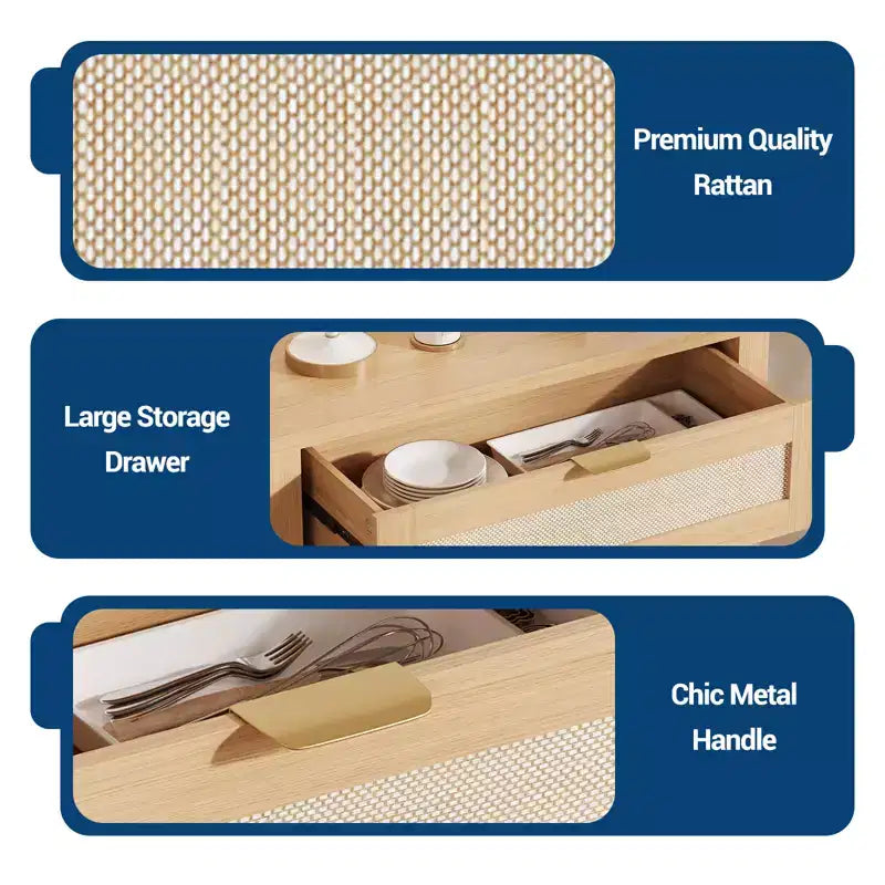COZONY 34 Madia con Cassetti, Ripiani Regolabili e Ante in Rattan, Mobile Credenza Contenitore in Legno per Ingresso e Soggiorno