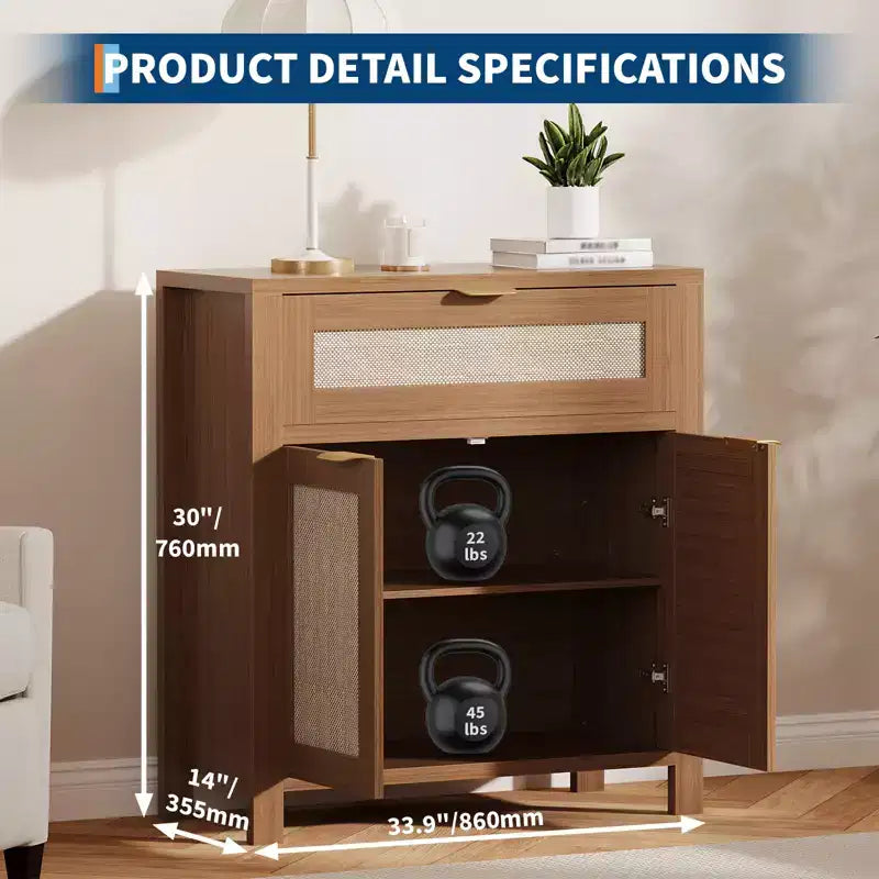 COZONY 34 Madia con Cassetti, Ripiani Regolabili e Ante in Rattan, Mobile Credenza Contenitore in Legno per Ingresso e Soggiorno