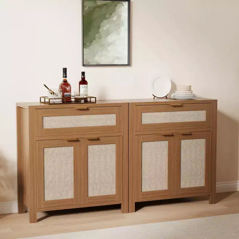 COZONY 34 Madia con Cassetti, Ripiani Regolabili e Ante in Rattan, Mobile Credenza Contenitore in Legno per Ingresso e Soggiorno