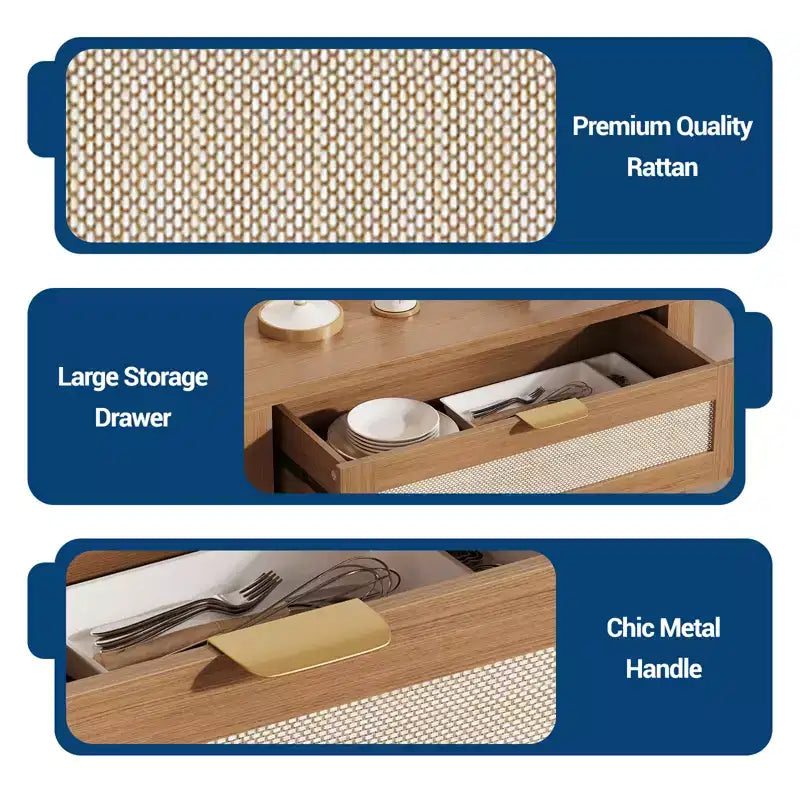 COZONY 34 Madia con Cassetti, Ripiani Regolabili e Ante in Rattan, Mobile Credenza Contenitore in Legno per Ingresso e Soggiorno