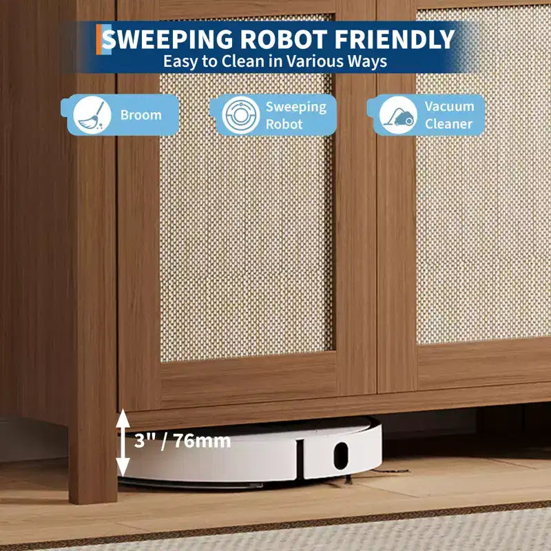 COZONY 34 Madia con Cassetti, Ripiani Regolabili e Ante in Rattan, Mobile Credenza Contenitore in Legno per Ingresso e Soggiorno