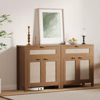 COZONY 34 Madia con Cassetti, Ripiani Regolabili e Ante in Rattan, Mobile Credenza Contenitore in Legno per Ingresso e Soggiorno