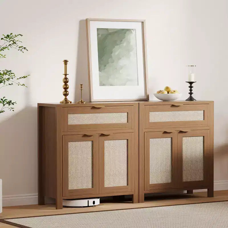 COZONY 34 Madia con Cassetti, Ripiani Regolabili e Ante in Rattan, Mobile Credenza Contenitore in Legno per Ingresso e Soggiorno