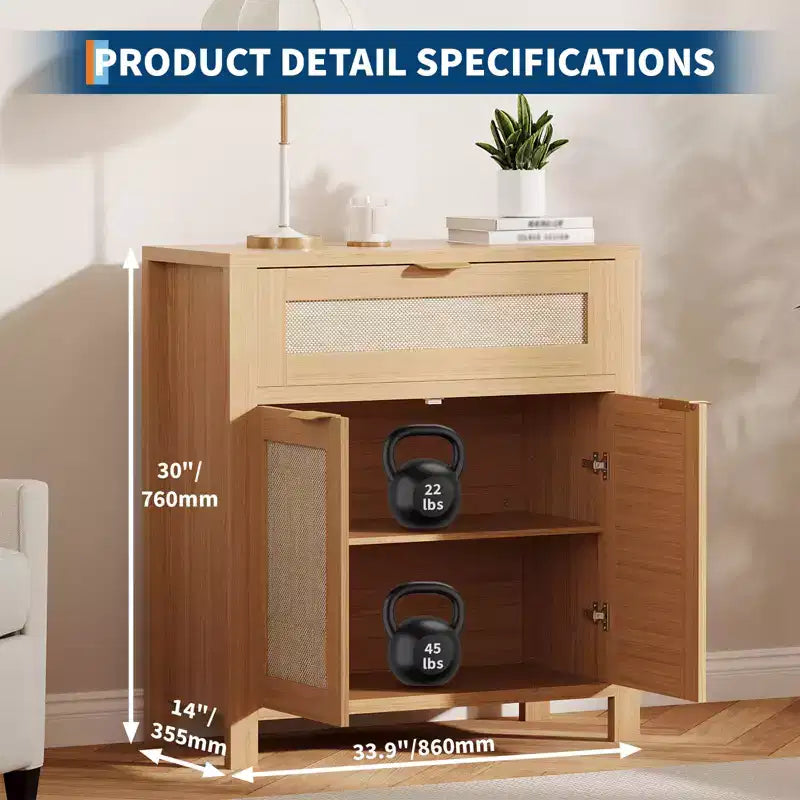COZONY 34 Madia con Cassetti, Ripiani Regolabili e Ante in Rattan, Mobile Credenza Contenitore in Legno per Ingresso e Soggiorno