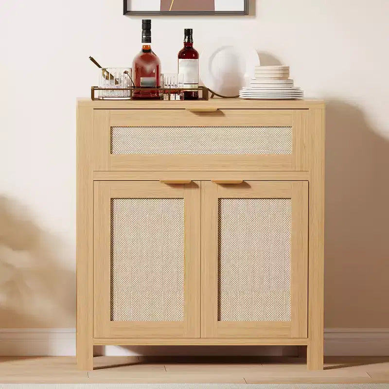 COZONY 34 Madia con Cassetti, Ripiani Regolabili e Ante in Rattan, Mobile Credenza Contenitore in Legno per Ingresso e Soggiorno