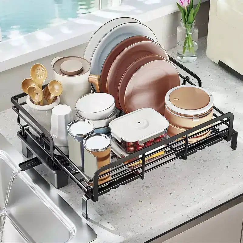 Expandable Dish Drying Rack for Kitchen Counter, Large Dish Rack with Bamboo Cover Cutlery Holder, Multifunctional Adjustable Dish Dryer Drainer