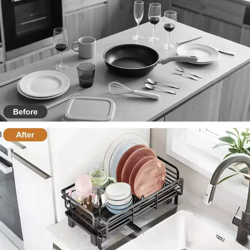 Scolapiatti Espandibile per Piano Cucina, Grande Scolapiatti con Coperchio in Bambù e Portaposate, Sgocciolatoio Regolabile Multifunzionale