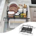 Scolapiatti Espandibile per Piano Cucina, Grande Scolapiatti con Coperchio in Bambù e Portaposate, Sgocciolatoio Regolabile Multifunzionale