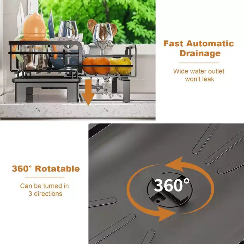 Scolapiatti Espandibile per Piano Cucina, Grande Scolapiatti con Coperchio in Bambù e Portaposate, Sgocciolatoio Regolabile Multifunzionale