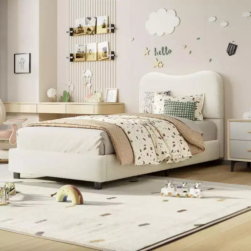 Acekool Velvet Upholstered Bed Frame with Boucle Headboard, Rounded Corners, Beige