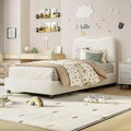 Acekool Velvet Upholstered Bed Frame with Boucle Headboard, Rounded Corners, Beige