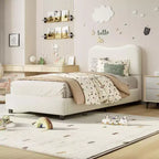 Acekool Velvet Upholstered Bed Frame with Boucle Headboard, Rounded Corners, Beige