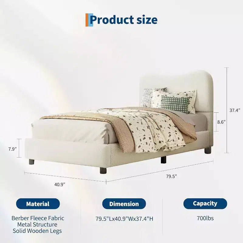 Acekool Struttura Letto Imbottita in Velluto con Testiera in Bouclé, Angoli Arrotondati, Beige