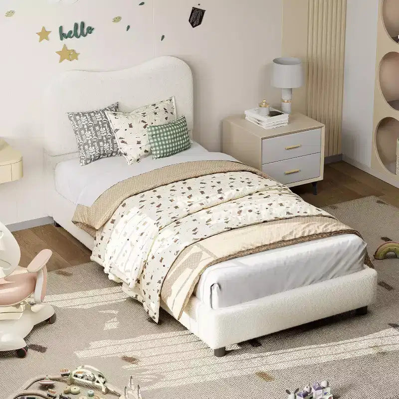 Acekool Struttura Letto Imbottita in Velluto con Testiera in Bouclé, Angoli Arrotondati, Beige