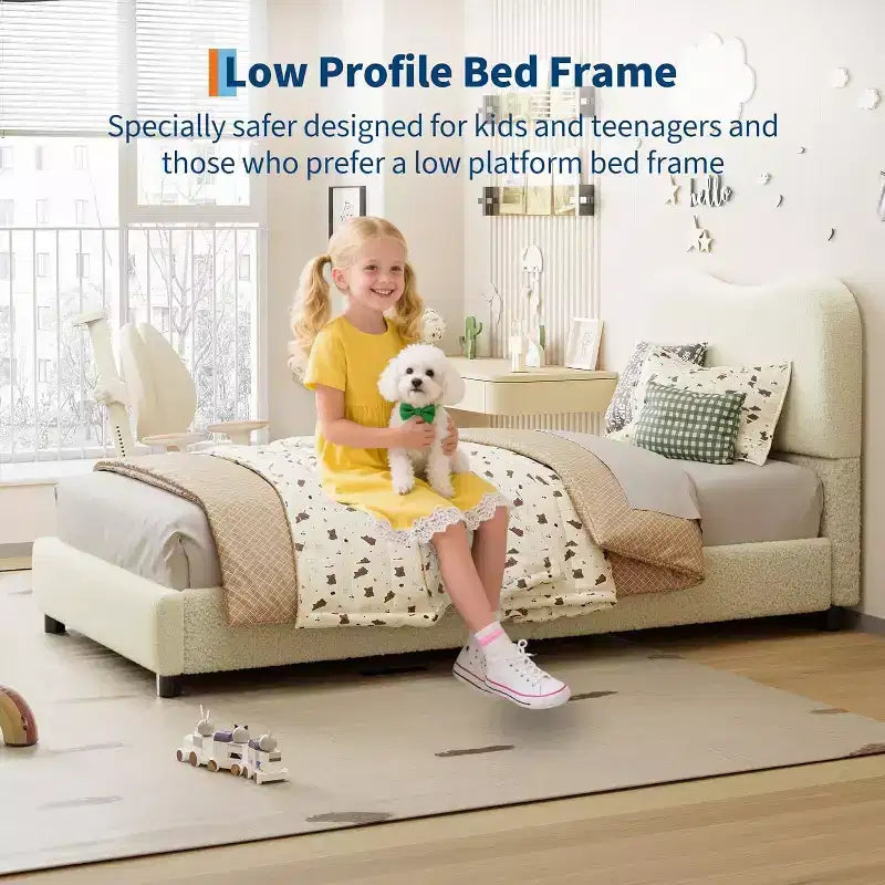 Acekool Struttura Letto Imbottita in Velluto con Testiera in Bouclé, Angoli Arrotondati, Beige