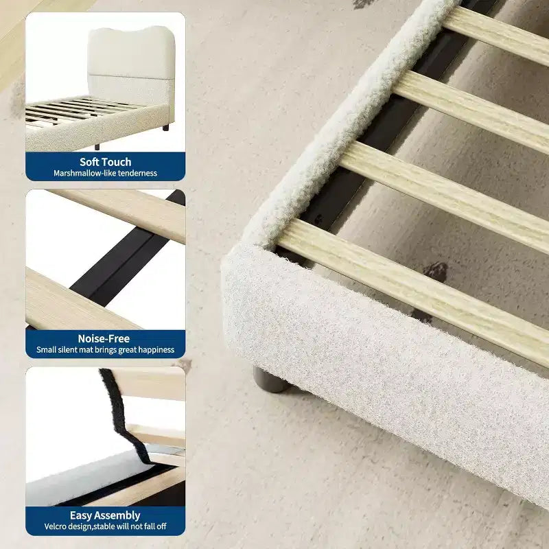 Acekool Struttura Letto Imbottita in Velluto con Testiera in Bouclé, Angoli Arrotondati, Beige