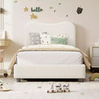 Acekool Struttura Letto Imbottita in Velluto con Testiera in Bouclé, Angoli Arrotondati, Beige