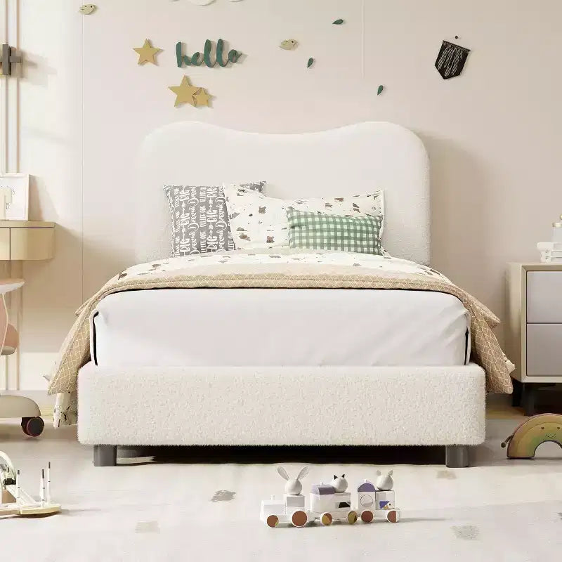 Acekool Struttura Letto Imbottita in Velluto con Testiera in Bouclé, Angoli Arrotondati, Beige