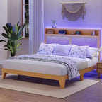 Acekool Rattan Bed Frame with Storage Headboard, Charging Station, RGB Lighting, Wooden Slats