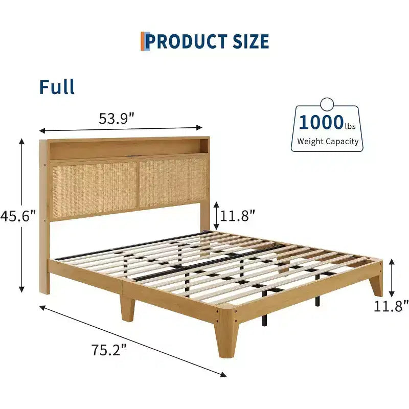 Struttura Letto in Rattan Acekool con Testiera Contenitore, Stazione di Ricarica, Illuminazione RGB, Doghe in Legno