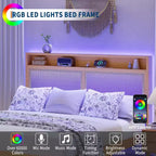 Struttura Letto in Rattan Acekool con Testiera Contenitore, Stazione di Ricarica, Illuminazione RGB, Doghe in Legno