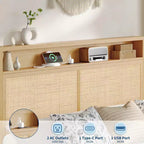 Struttura Letto in Rattan Acekool con Testiera Contenitore, Stazione di Ricarica, Illuminazione RGB, Doghe in Legno