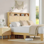 Struttura Letto in Rattan Acekool con Testiera Contenitore, Stazione di Ricarica, Illuminazione RGB, Doghe in Legno