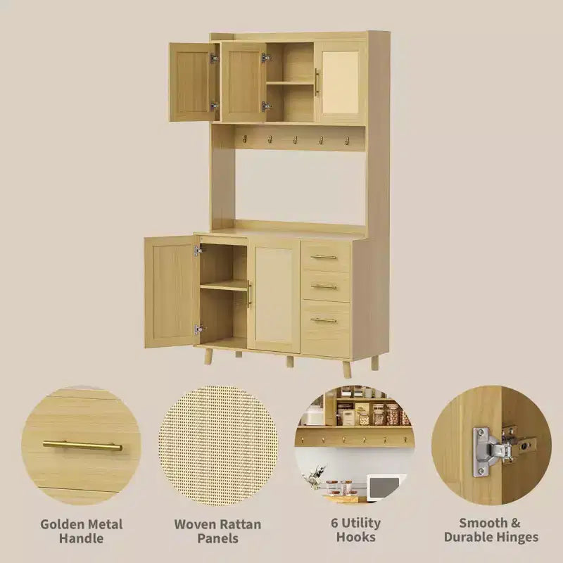 GustoWave Dispensa da Cucina Alta 180 cm, Armadio Contenitore Indipendente da Cucina Bohemien in Rattan con Ripiano per Microonde, 3 Cassetti, 6 Ganci, Naturale