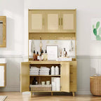 GustoWave Dispensa da Cucina Alta 180 cm, Armadio Contenitore Indipendente da Cucina Bohemien in Rattan con Ripiano per Microonde, 3 Cassetti, 6 Ganci, Naturale