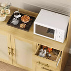 GustoWave Dispensa da Cucina Alta 180 cm, Armadio Contenitore Indipendente da Cucina Bohemien in Rattan con Ripiano per Microonde, 3 Cassetti, 6 Ganci, Naturale