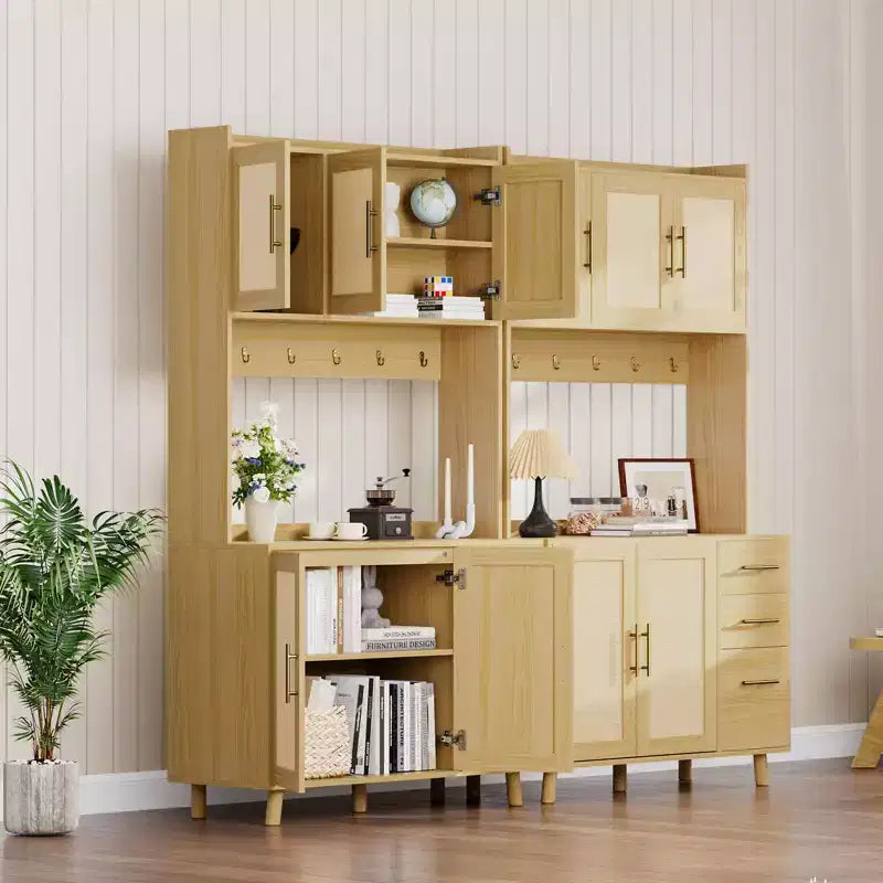 GustoWave Dispensa da Cucina Alta 180 cm, Armadio Contenitore Indipendente da Cucina Bohemien in Rattan con Ripiano per Microonde, 3 Cassetti, 6 Ganci, Naturale