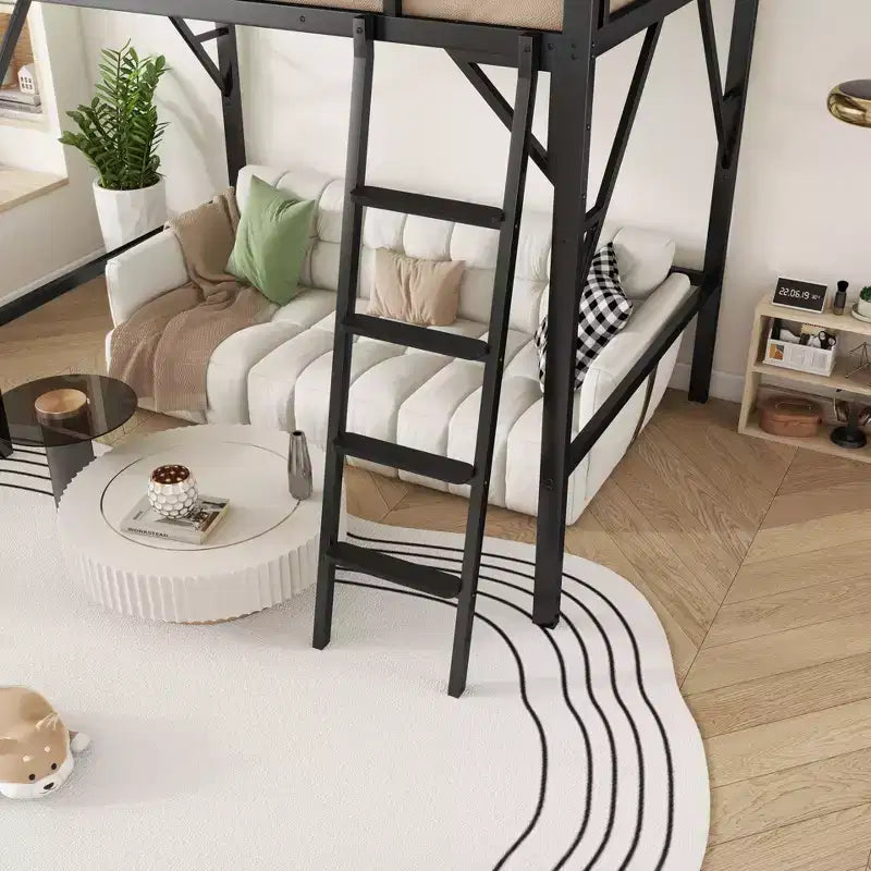 Letto a soppalco Okak Full Size con scaletta, struttura letto con cestino portaoggetti e ringhiera di sicurezza, letto a soppalco singolo per bambini, ragazzi
