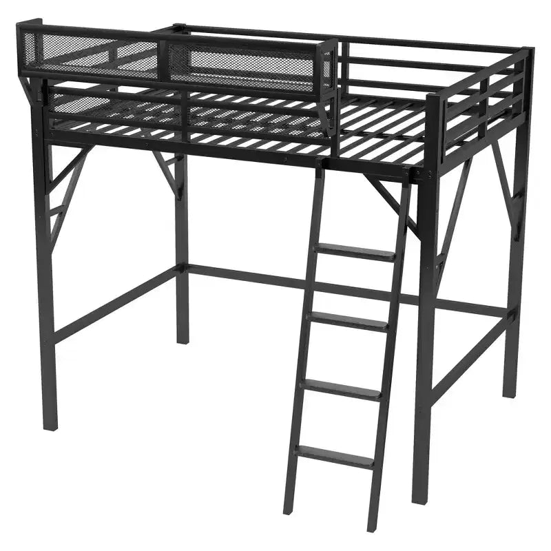 Letto a soppalco Okak Full Size con scaletta, struttura letto con cestino portaoggetti e ringhiera di sicurezza, letto a soppalco singolo per bambini, ragazzi
