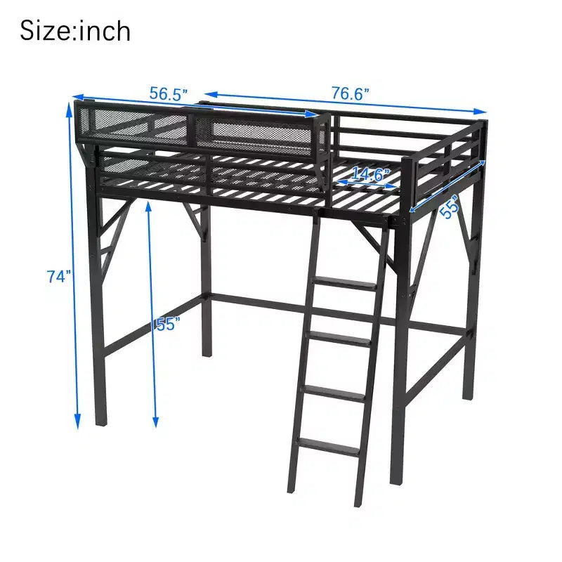 Letto a soppalco Okak Full Size con scaletta, struttura letto con cestino portaoggetti e ringhiera di sicurezza, letto a soppalco singolo per bambini, ragazzi