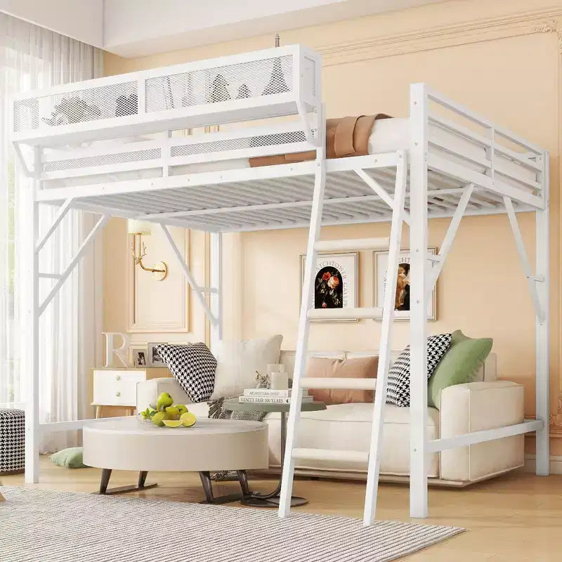 Letto a soppalco Okak Full Size con scaletta, struttura letto con cestino portaoggetti e ringhiera di sicurezza, letto a soppalco singolo per bambini, ragazzi