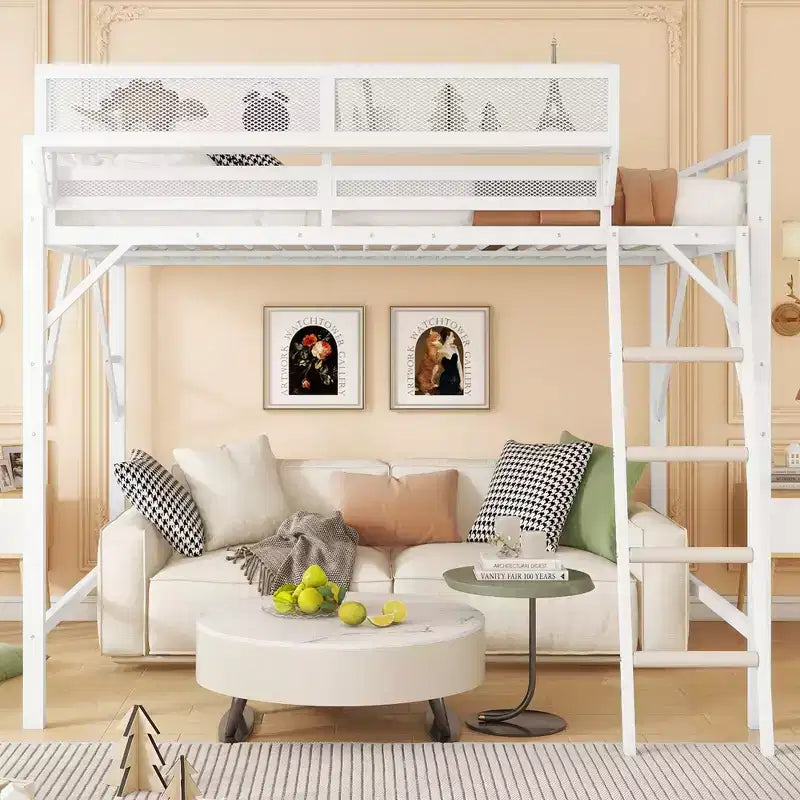 Letto a soppalco Okak Full Size con scaletta, struttura letto con cestino portaoggetti e ringhiera di sicurezza, letto a soppalco singolo per bambini, ragazzi