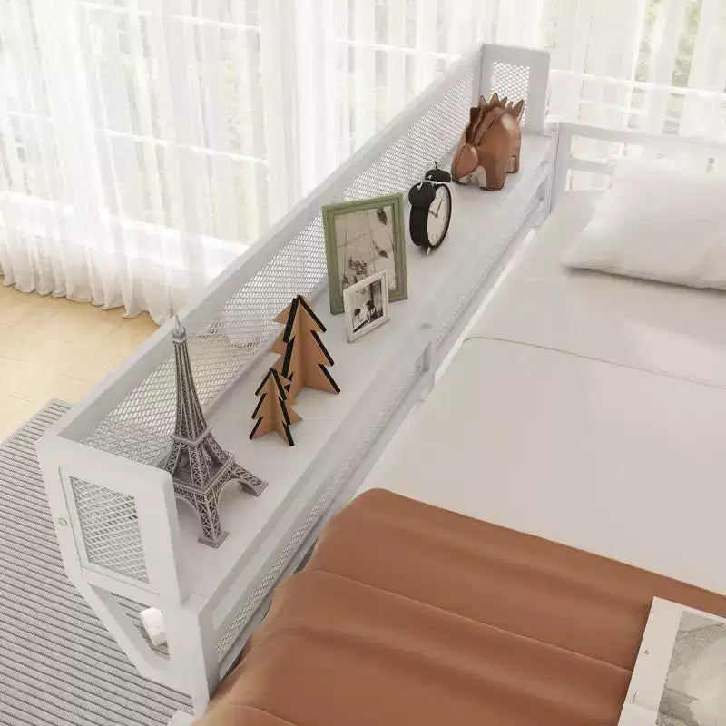 Letto a soppalco Okak Full Size con scaletta, struttura letto con cestino portaoggetti e ringhiera di sicurezza, letto a soppalco singolo per bambini, ragazzi