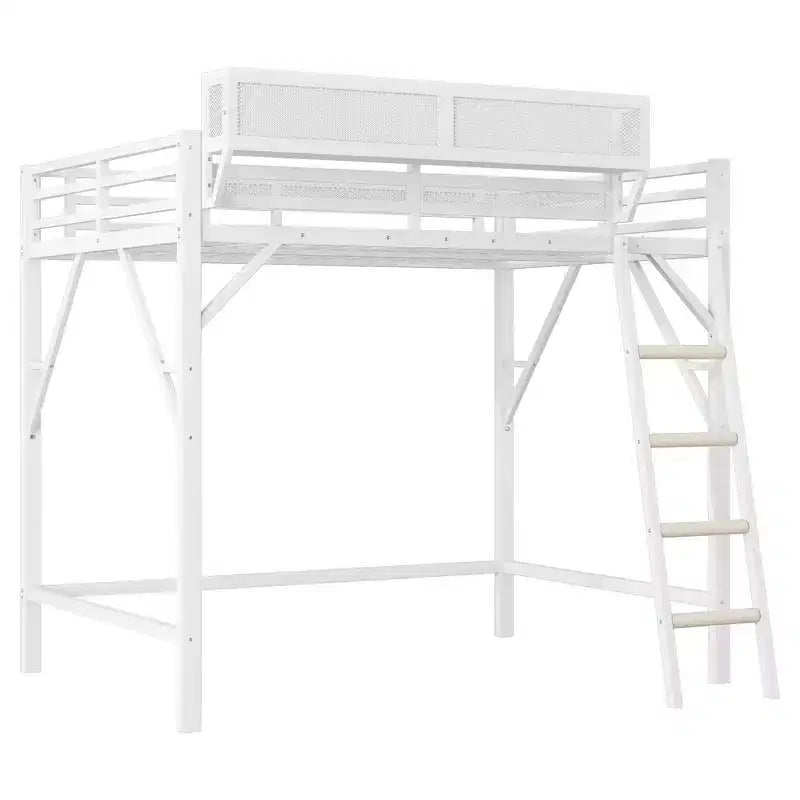 Letto a soppalco Okak Full Size con scaletta, struttura letto con cestino portaoggetti e ringhiera di sicurezza, letto a soppalco singolo per bambini, ragazzi