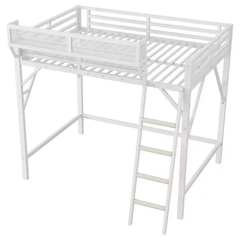 Letto a soppalco Okak Full Size con scaletta, struttura letto con cestino portaoggetti e ringhiera di sicurezza, letto a soppalco singolo per bambini, ragazzi