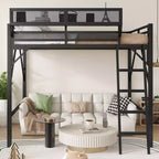 Letto a soppalco Okak Full Size con scaletta, struttura letto con cestino portaoggetti e ringhiera di sicurezza, letto a soppalco singolo per bambini, ragazzi