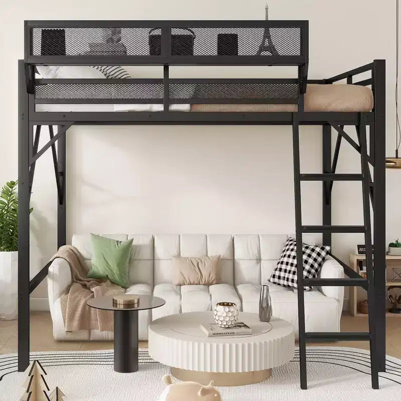 Letto a soppalco Okak Full Size con scaletta, struttura letto con cestino portaoggetti e ringhiera di sicurezza, letto a soppalco singolo per bambini, ragazzi