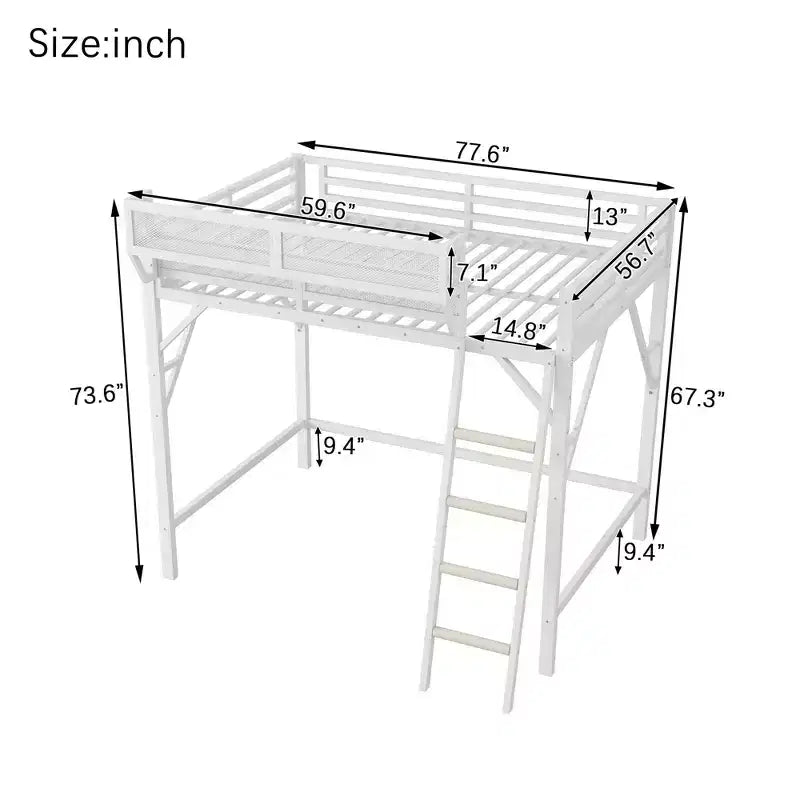 Letto a soppalco Okak Full Size con scaletta, struttura letto con cestino portaoggetti e ringhiera di sicurezza, letto a soppalco singolo per bambini, ragazzi