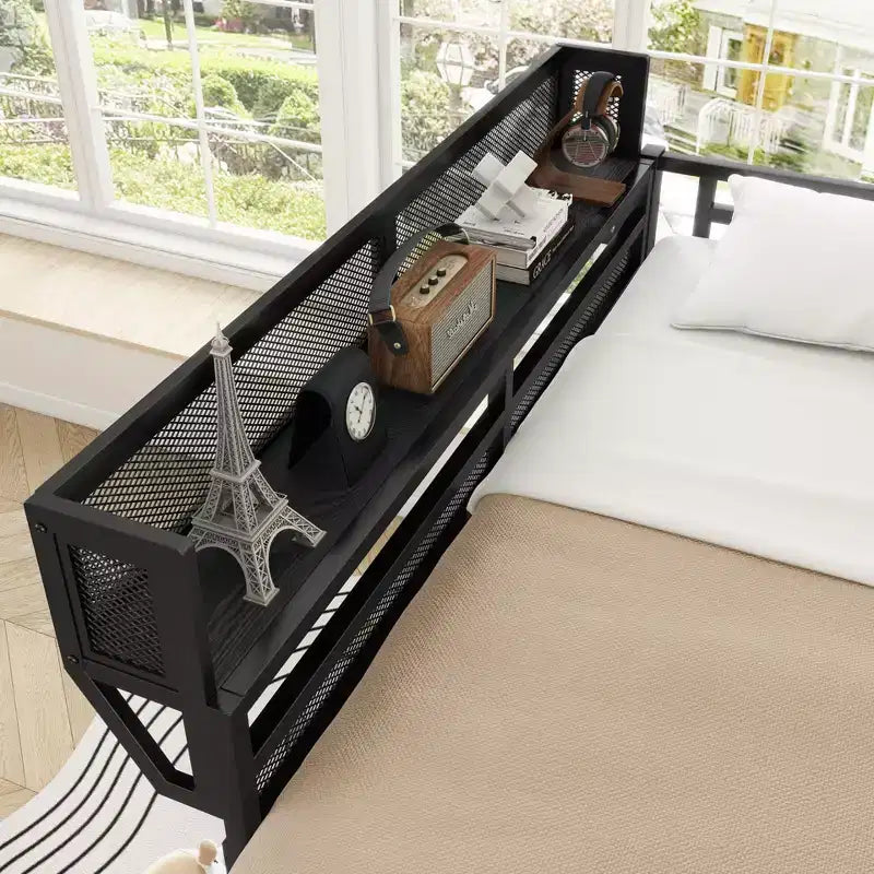 Letto a soppalco Okak Full Size con scaletta, struttura letto con cestino portaoggetti e ringhiera di sicurezza, letto a soppalco singolo per bambini, ragazzi