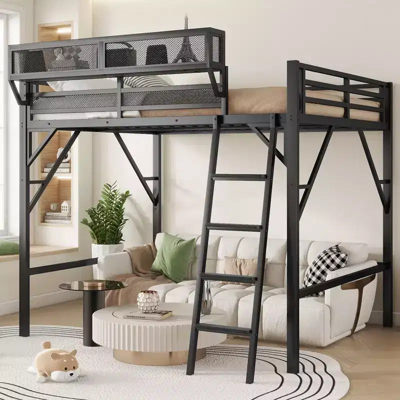 Letto a soppalco Okak Full Size con scaletta, struttura letto con cestino portaoggetti e ringhiera di sicurezza, letto a soppalco singolo per bambini, ragazzi