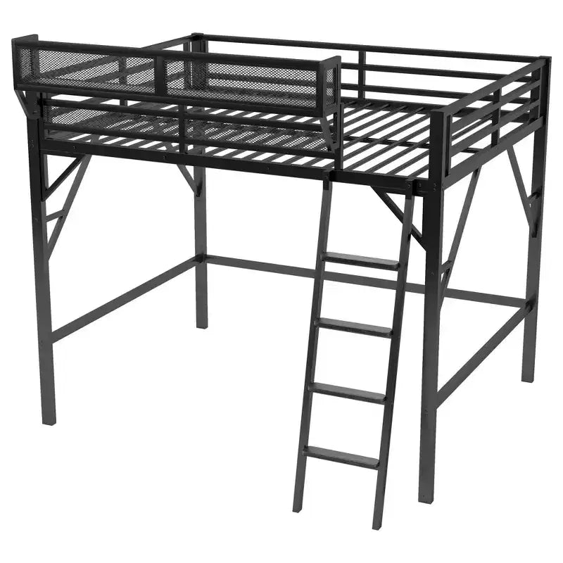 Letto a soppalco Okak Full Size con scaletta, struttura letto con cestino portaoggetti e ringhiera di sicurezza, letto a soppalco singolo per bambini, ragazzi