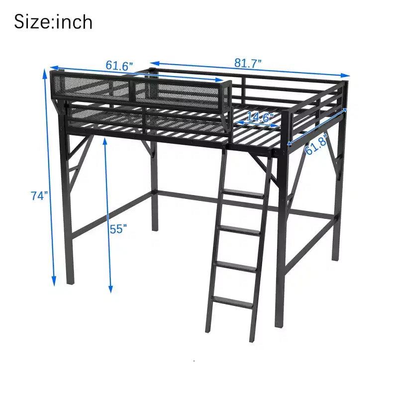 Letto a soppalco Okak Full Size con scaletta, struttura letto con cestino portaoggetti e ringhiera di sicurezza, letto a soppalco singolo per bambini, ragazzi