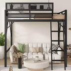 Letto a soppalco Okak Full Size con scaletta, struttura letto con cestino portaoggetti e ringhiera di sicurezza, letto a soppalco singolo per bambini, ragazzi