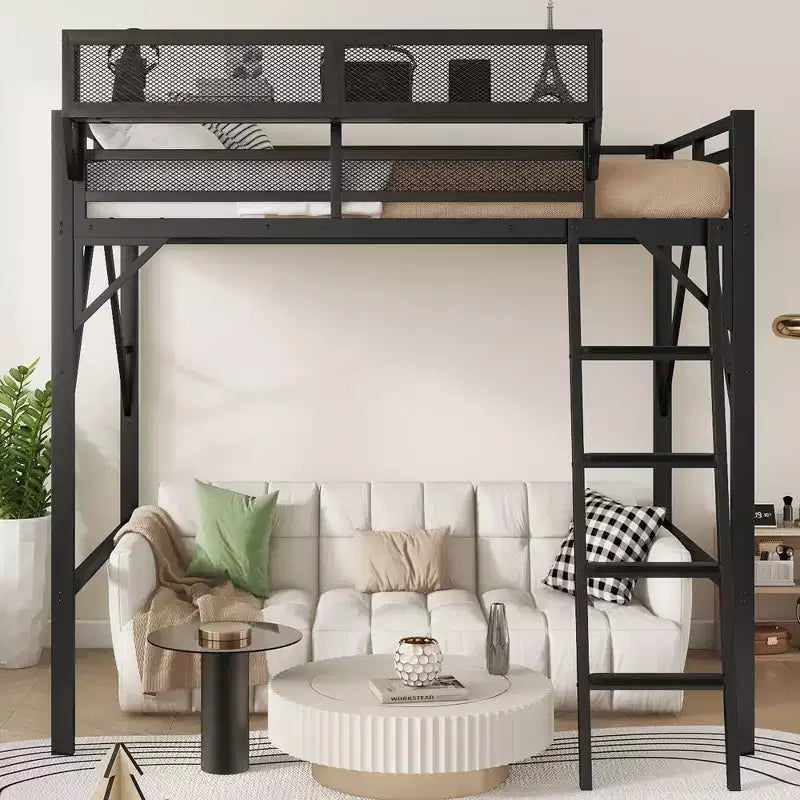 Letto a soppalco Okak Full Size con scaletta, struttura letto con cestino portaoggetti e ringhiera di sicurezza, letto a soppalco singolo per bambini, ragazzi