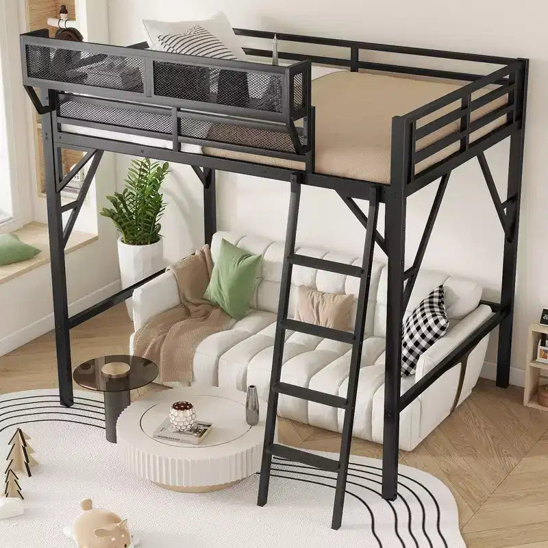Letto a soppalco Okak Full Size con scaletta, struttura letto con cestino portaoggetti e ringhiera di sicurezza, letto a soppalco singolo per bambini, ragazzi